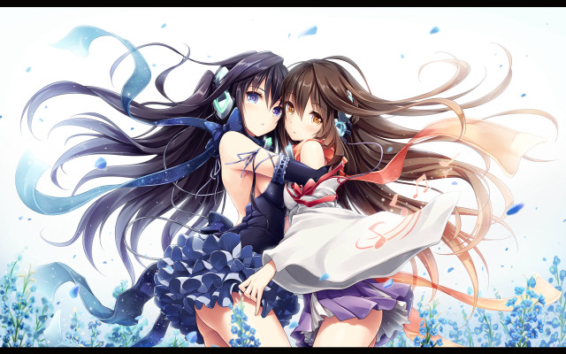 Anime girls hugging field flowers free wallpaper for desktop - medium preview image