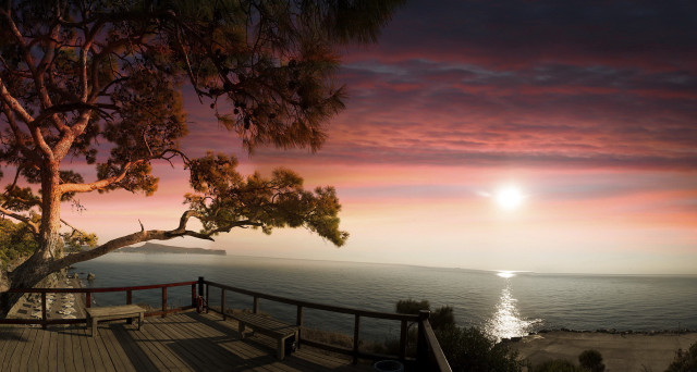 Deck bench tree sunset water free wallpaper for desktop - medium preview image