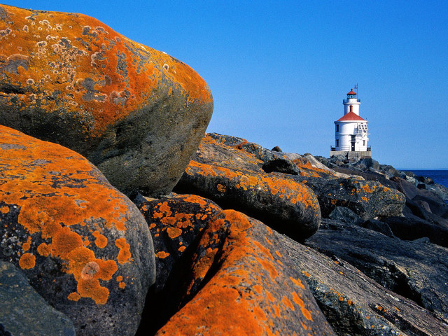 Lighthouse rocky shore orange lichens free wallpaper for desktop - medium preview image