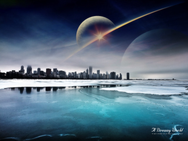 City skyline distant object water free wallpaper for desktop - medium preview image