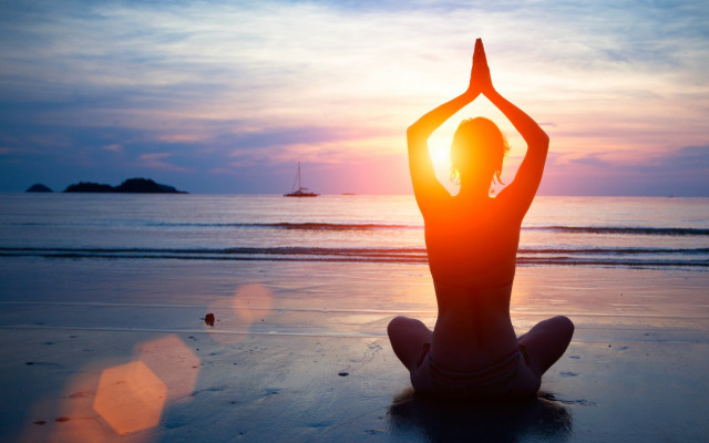 Woman yoga beach sunset hands free wallpaper for desktop - medium preview image