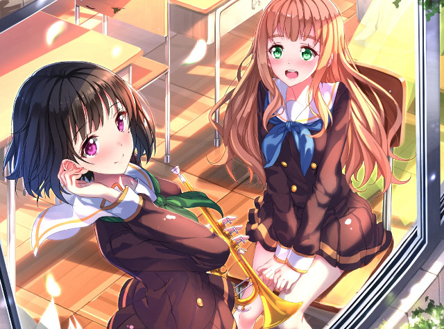 Anime girls staircase standing together free wallpaper for desktop - medium preview image