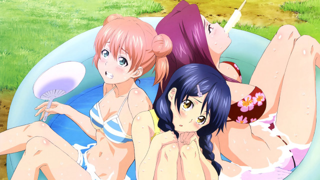 Three anime girls pool frisbee free wallpaper for desktop - medium preview image