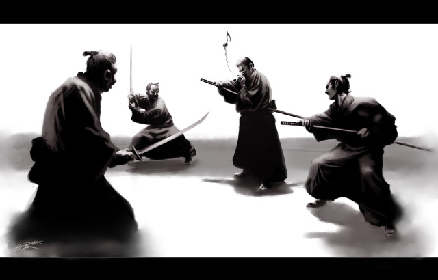 Kimonos swords masks group people free wallpaper for desktop - medium preview image