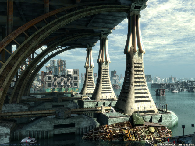 Futuristic city bridge boat water free wallpaper for desktop - medium preview image