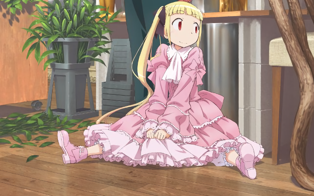 Woman pinkdress plant sitting portrait free wallpaper for desktop - medium preview image