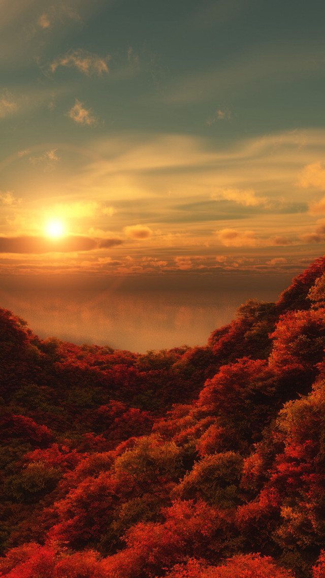 Sunset mountain trees water clouds free wallpaper for mobile - medium preview image