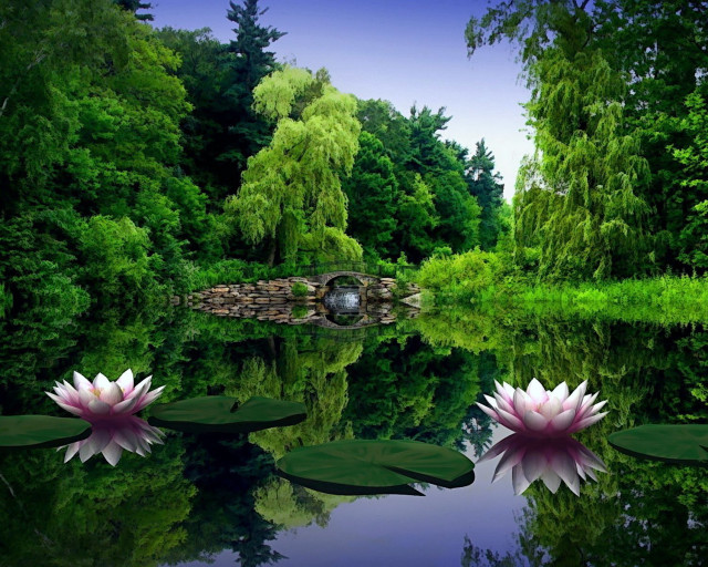 Pond water lilies bridge trees #2 free wallpaper for desktop - medium preview image