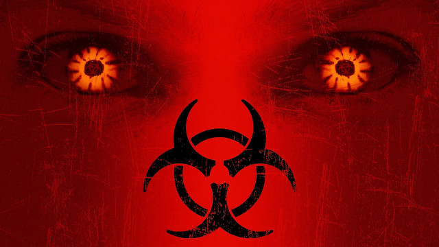Red background biohazard sign glowing free wallpaper for desktop - medium preview image