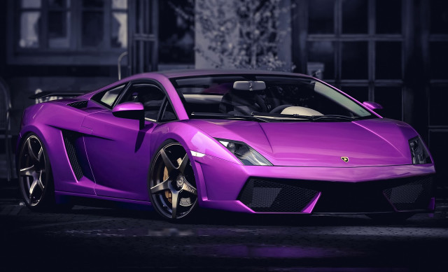 Purple sports car night building free wallpaper for desktop - medium preview image