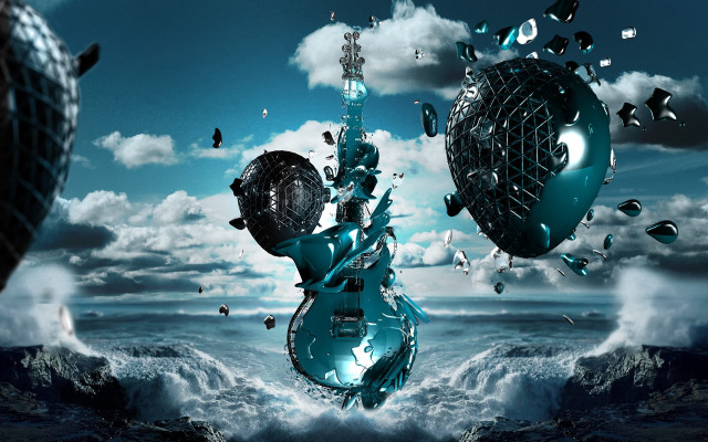 Blue guitar floating sky background free wallpaper for desktop - medium preview image