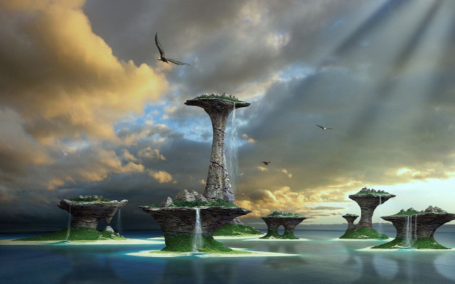 Surreal fountain birds flying sky free wallpaper for desktop - medium preview image