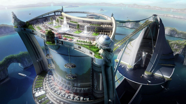 Futuristic city bridge buildings water #2 free wallpaper for desktop - medium preview image