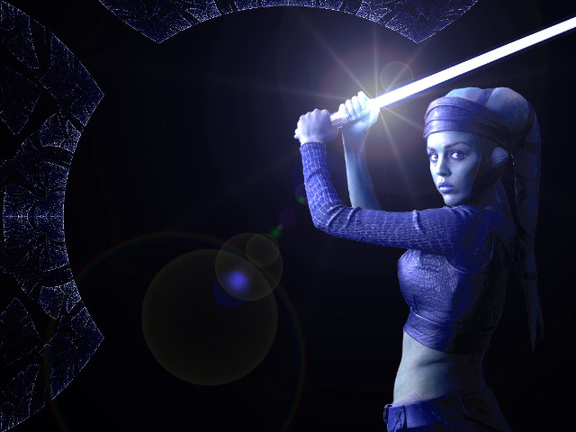 Woman blue outfit sword black free wallpaper for desktop - medium preview image