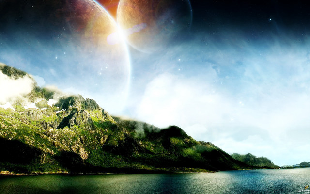 Planet mountains water aurora night free wallpaper for desktop - medium preview image