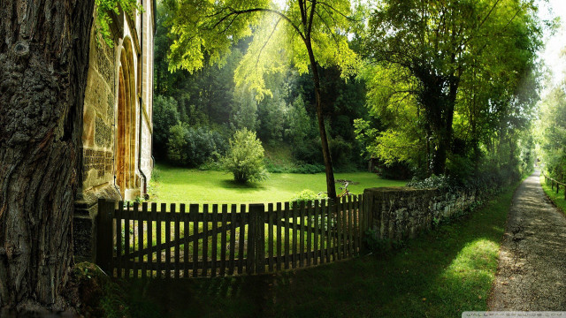 Fence tree stonewall grassyfield gothic free wallpaper for desktop - medium preview image
