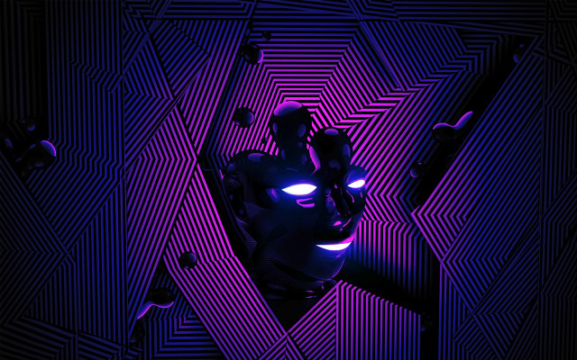 Robot glowing eyes purple background free wallpaper for desktop - medium preview image