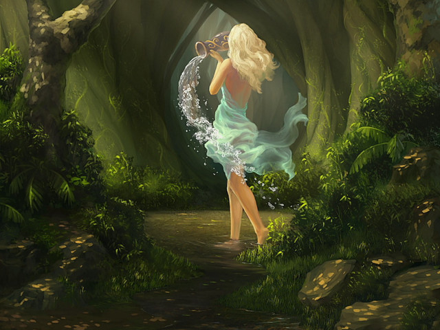 Woman green dress forest stream #2 free wallpaper for desktop - medium preview image