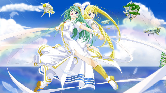 Anime girls flying rainbow sky free wallpaper for desktop - medium preview image