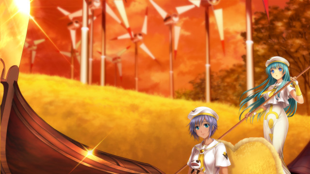 Anime couple boat flag windmills free wallpaper for desktop - medium preview image