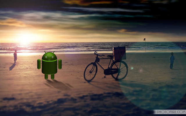 Bike beach sunset walking tiltshift free wallpaper for desktop - medium preview image
