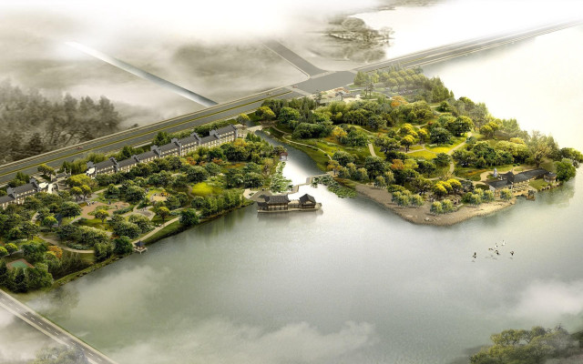 Lake trees bridge road building free wallpaper for desktop - medium preview image