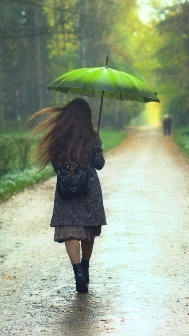 Woman walking umbrella rain hair free wallpaper for mobile - medium preview image