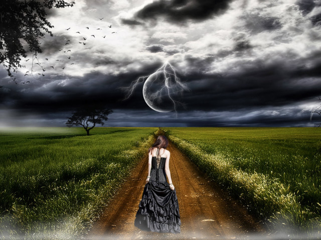 Gothic woman dress dirt road free wallpaper for desktop - medium preview image