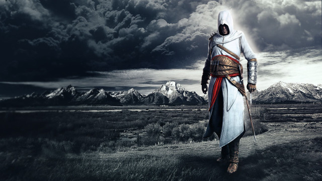 Man white outfit field mountains free wallpaper for desktop - medium preview image