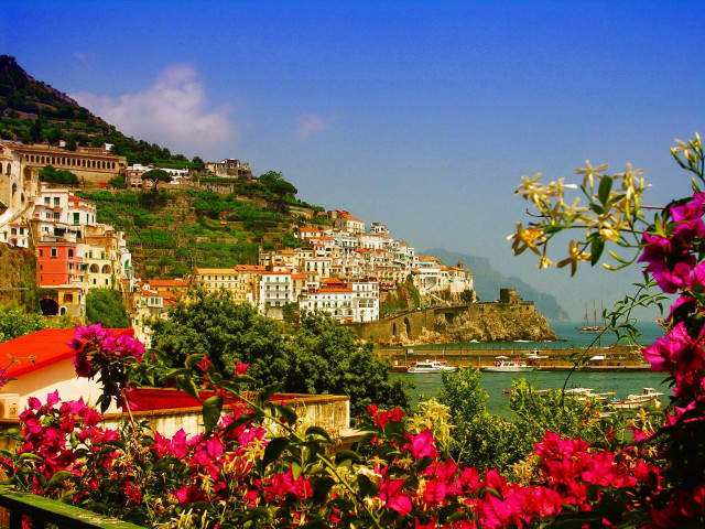 Town hill flowers waterbody magicrealism free wallpaper for desktop - medium preview image