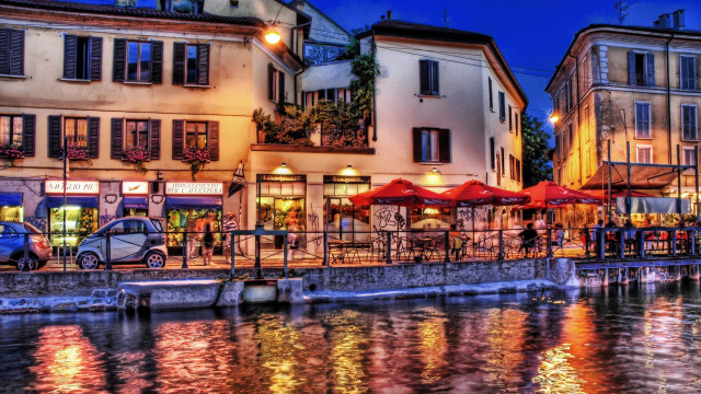 River city night umbrellas buildings free wallpaper for desktop - medium preview image