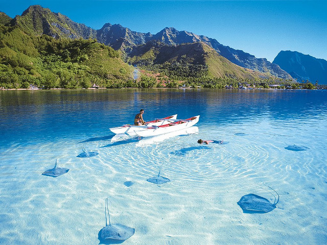 Man boat lake mountains person free wallpaper for desktop - medium preview image