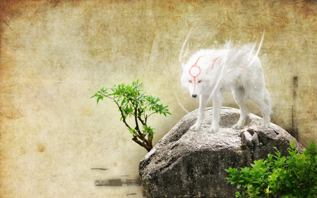 White wolf statue rock tree free wallpaper for desktop - medium preview image