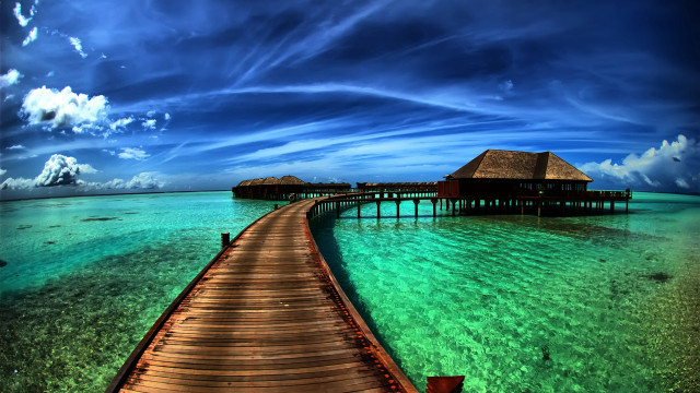 Pier hut ocean clouds matte free wallpaper for desktop - medium preview image