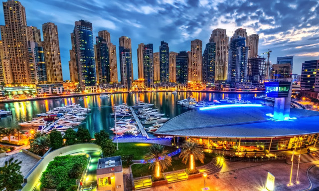 City skyline harbor boats night free wallpaper for desktop - medium preview image