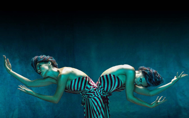 Two women striped dresses floating free wallpaper for desktop - medium preview image