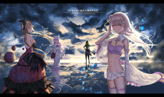 Anime girls beach night sky free wallpaper for desktop - medium preview image
