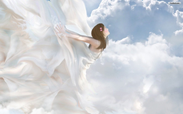 Woman white dress flying cloud #2 free wallpaper for desktop - medium preview image
