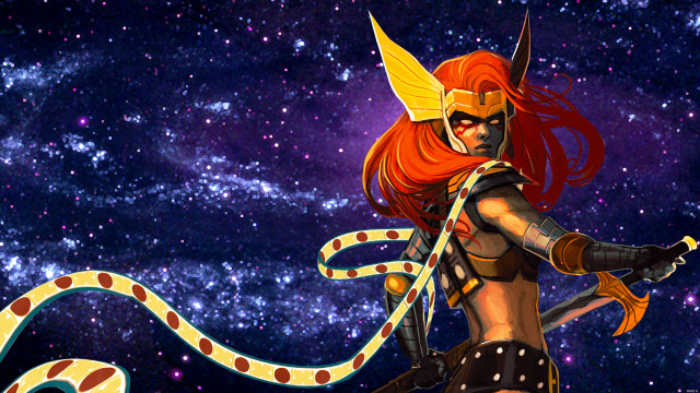Woman costume sword galaxy background free wallpaper for desktop - medium preview image