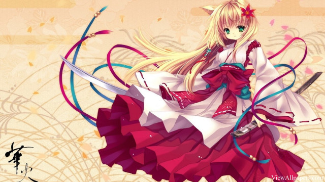 Anime girl blonde hakama sword free wallpaper for desktop - medium preview image