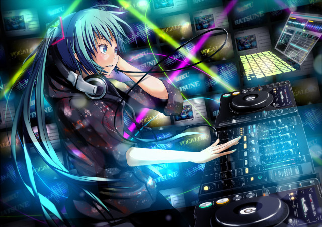 Girl headphones dj mixer cityscape free wallpaper for desktop - medium preview image