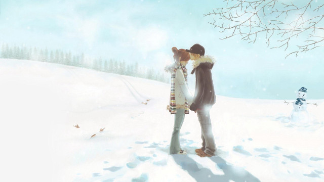 Couple kissing snow snowman tree #4 free wallpaper for desktop - medium preview image