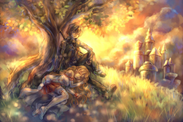 Couple hugging tree field castle #2 free wallpaper for desktop - medium preview image