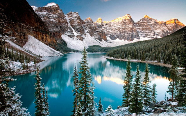 Lake snow covered mountains evergreen free wallpaper for desktop - medium preview image