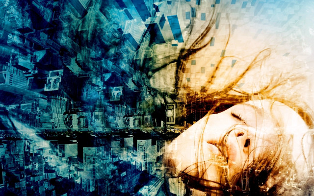 Woman head hands collage buildings free wallpaper for desktop - medium preview image