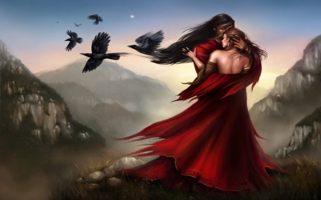Woman red dress bird flying free wallpaper for desktop - medium preview image