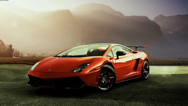 Red sports car field mountains free wallpaper for desktop - medium preview image