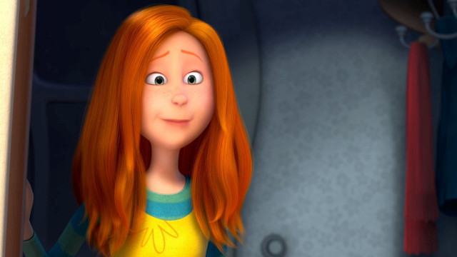 Cartoon girl redhair yellowshirt doorway free wallpaper for desktop - medium preview image