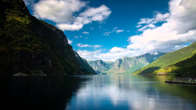 Lake mountains forest town cloudy free wallpaper for desktop - medium preview image