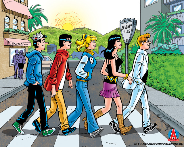 Cartoon group people crossing street free wallpaper for desktop - medium preview image